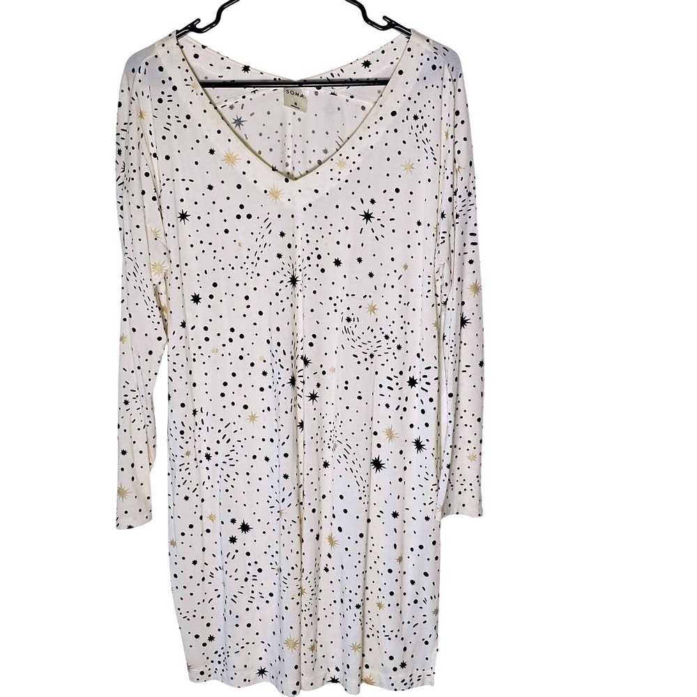 Soma Womens Medium White Celestial Star Polka Dot Long Sleeve Sleep Shirt Dress